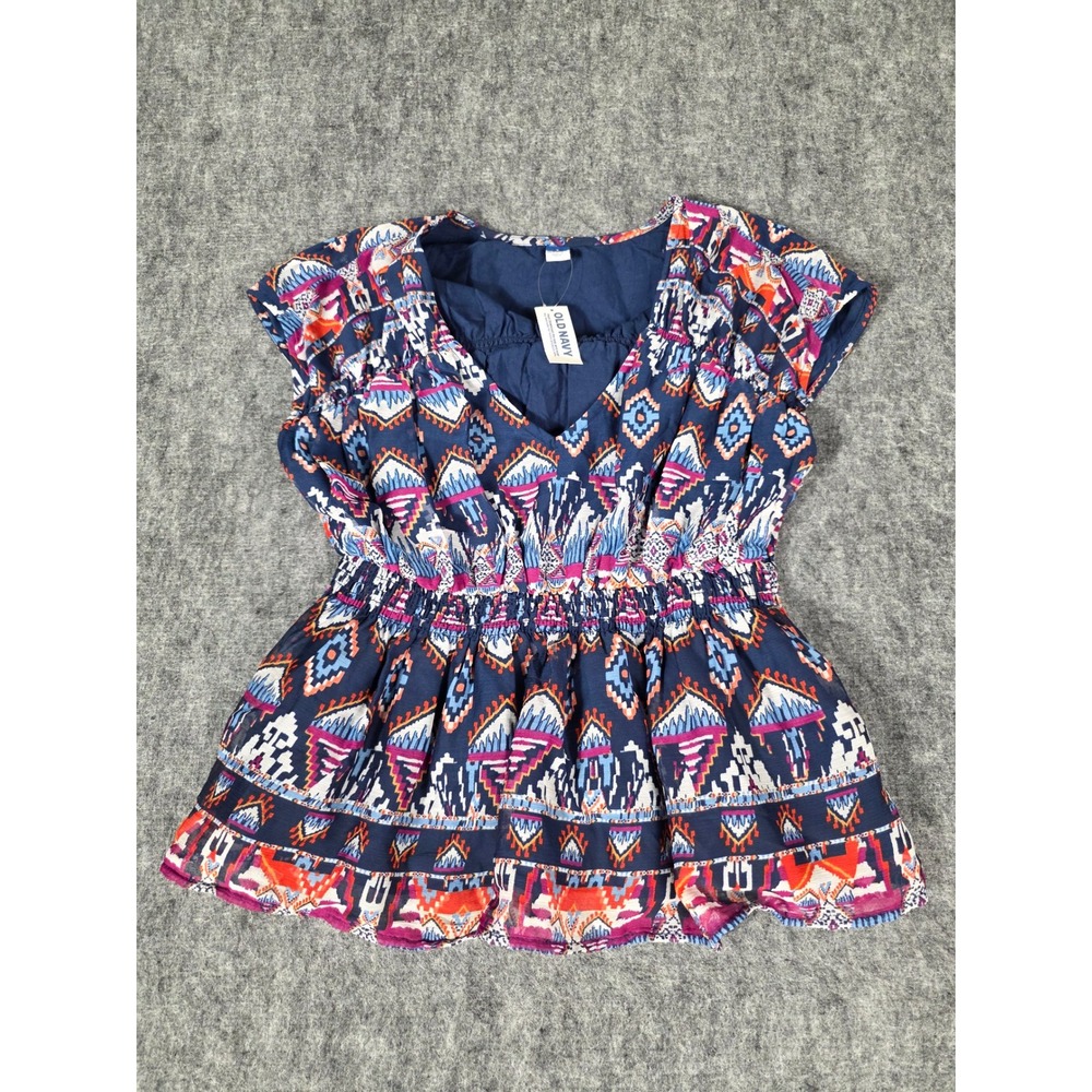 NWT Old Navy Peplum Top Womens Small Blue Southwestern Aztec Cap Sleeve Smocked